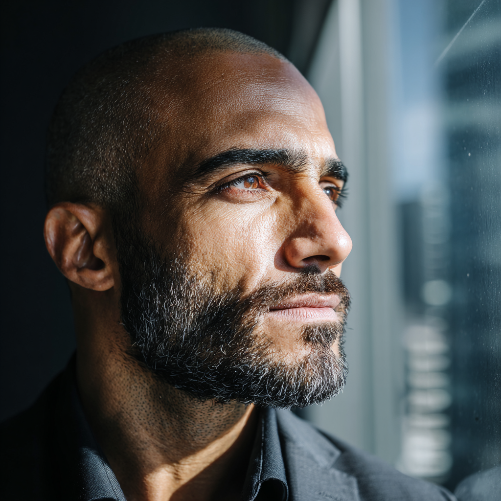 Editorial portrait — founder in profile, looking out toward the skyline