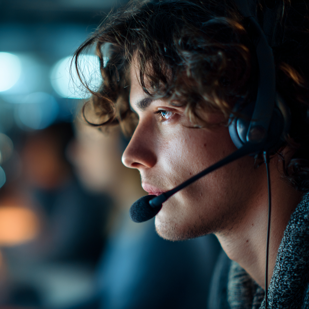 Sales representative in profile wearing a headset, focused mid-conversation